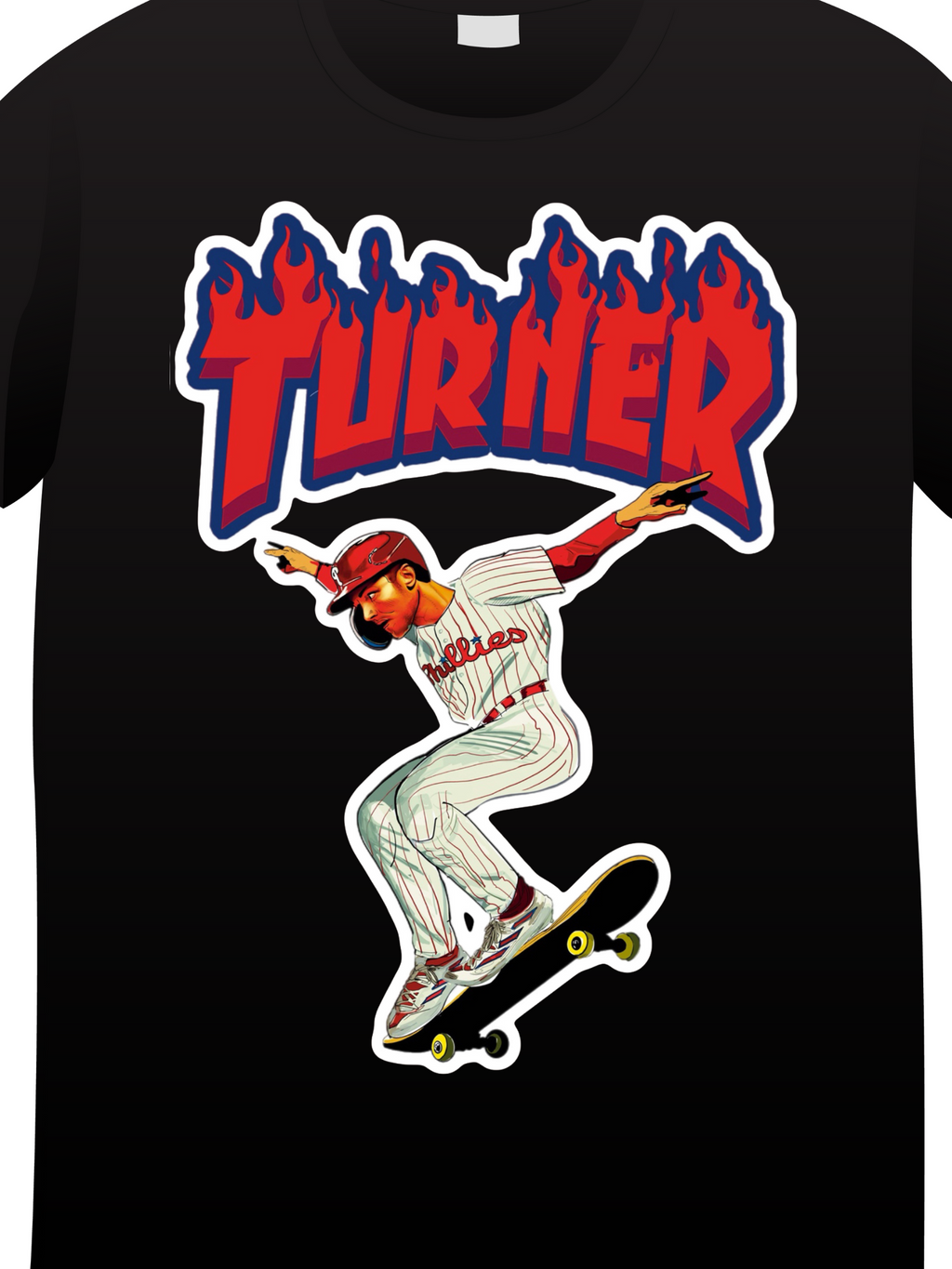 Turner written in flames on a black t shirt 