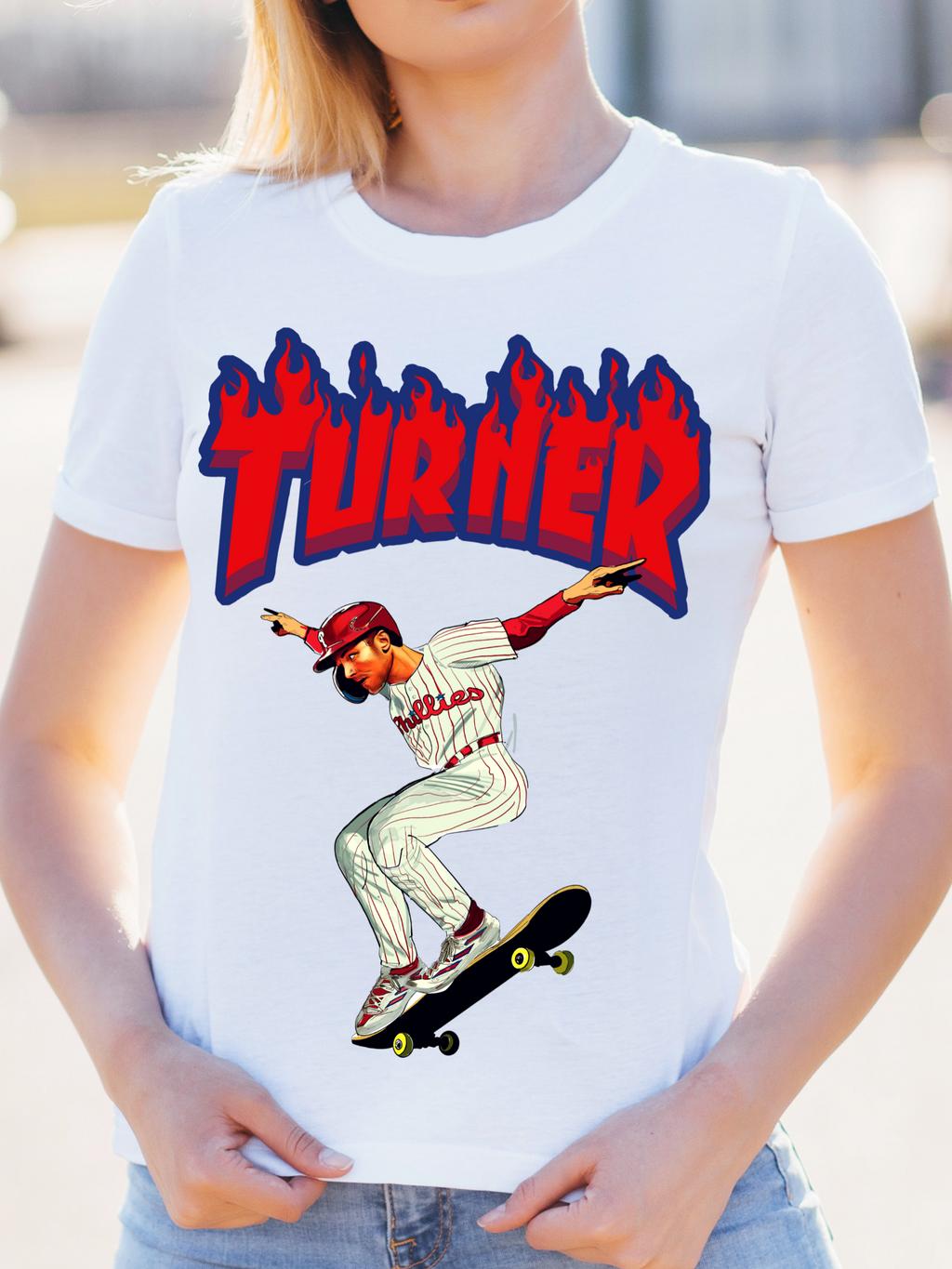 White womens t shirt with Turner written in Thrasher lettering