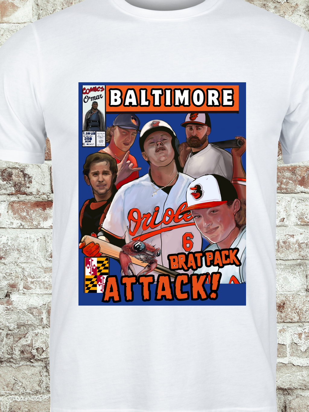 Comic-style t-shirt featuring Baltimore baseball players, Maryland crab, and retro Brat Pack design