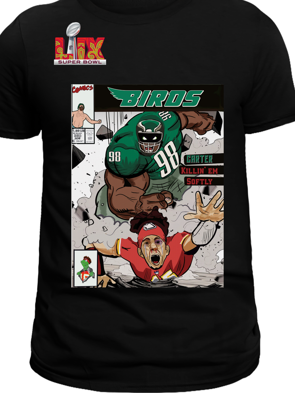 Birds inspired comic style t-shirt featuring a powerful green football player tackling rival in bold action graphic