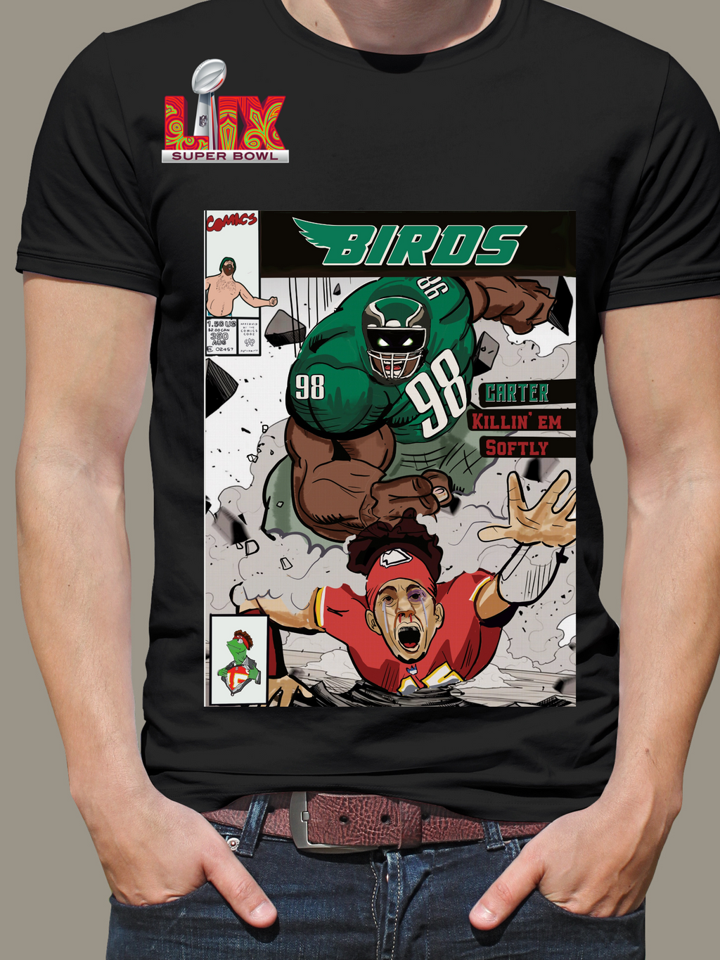 Birds inspired comic style t-shirt featuring a powerful green football player tackling rival in bold action graphic