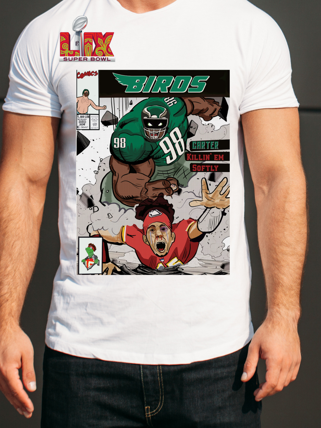 Birds inspired comic style t-shirt featuring a powerful green football player tackling rival in bold action graphic