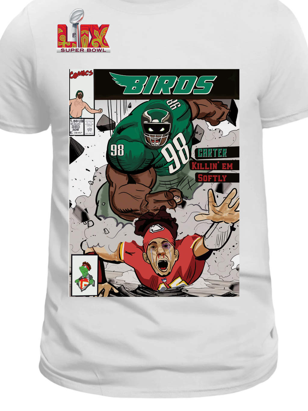 Birds inspired comic style t-shirt featuring a powerful green football player tackling rival in bold action graphic