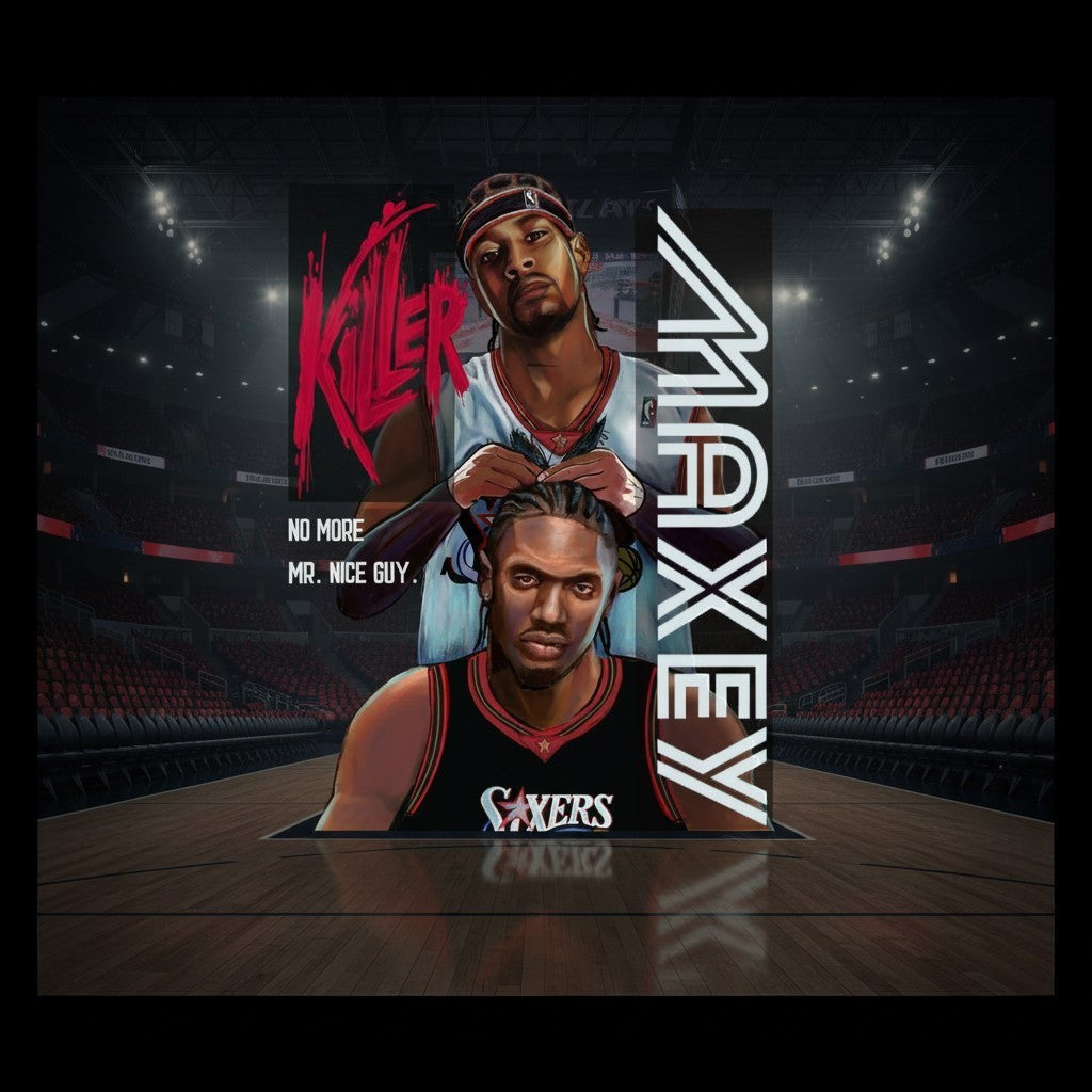 Chadsters black cotton t-shirt with a graphic print featuring illustrated portraits of basketball players Maxey and Iverson, with red "KILLER" text and vertical "MAXEY" lettering.