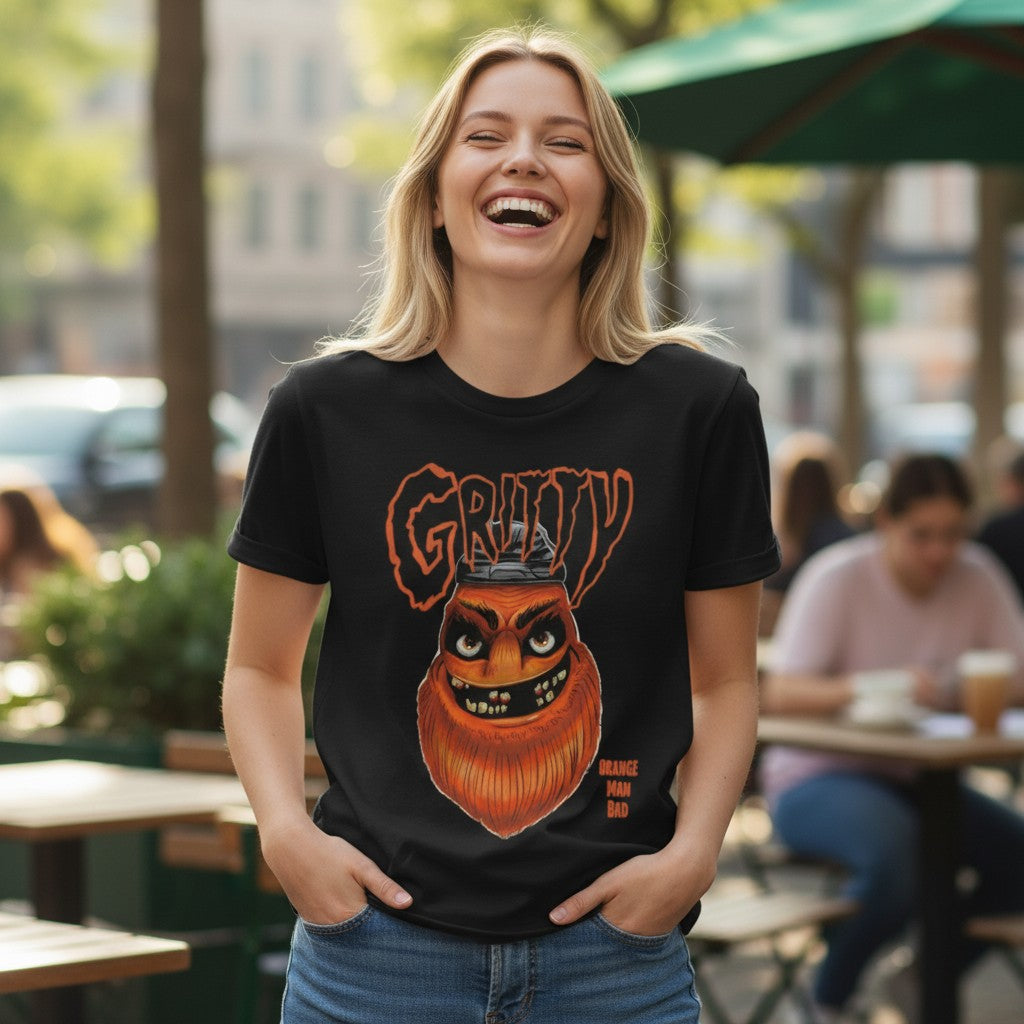 Chad's black cotton t-shirt featuring a bold orange Gritty graphic with "Orange Man Bad" text, perfect for Flyers fans.