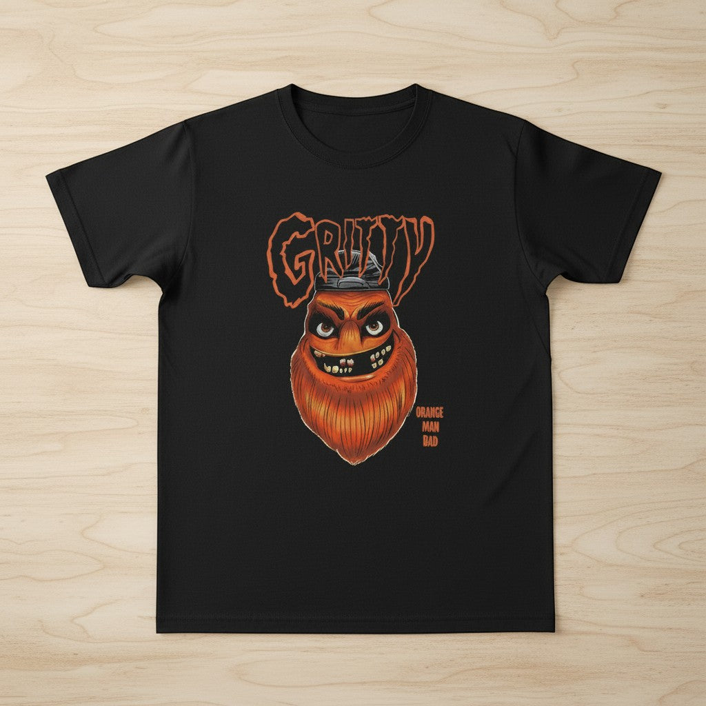 Chad's black t-shirt with a bold orange Gritty graphic and the text "Orange Man Bad" printed on it.
