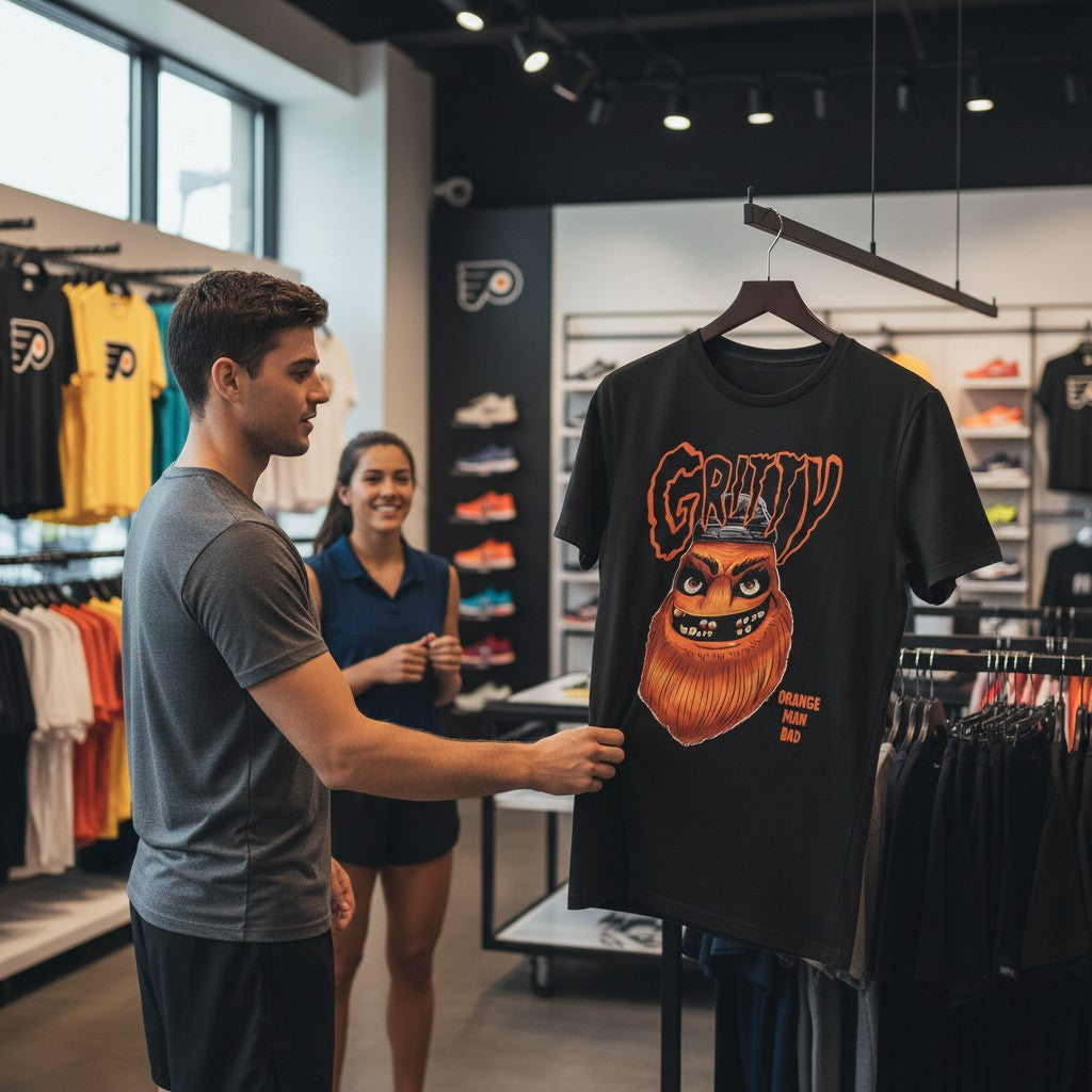 Chad's black t-shirt with a bold orange Gritty graphic and "Orange Man Bad" text. Short-sleeve, crew neck tee.