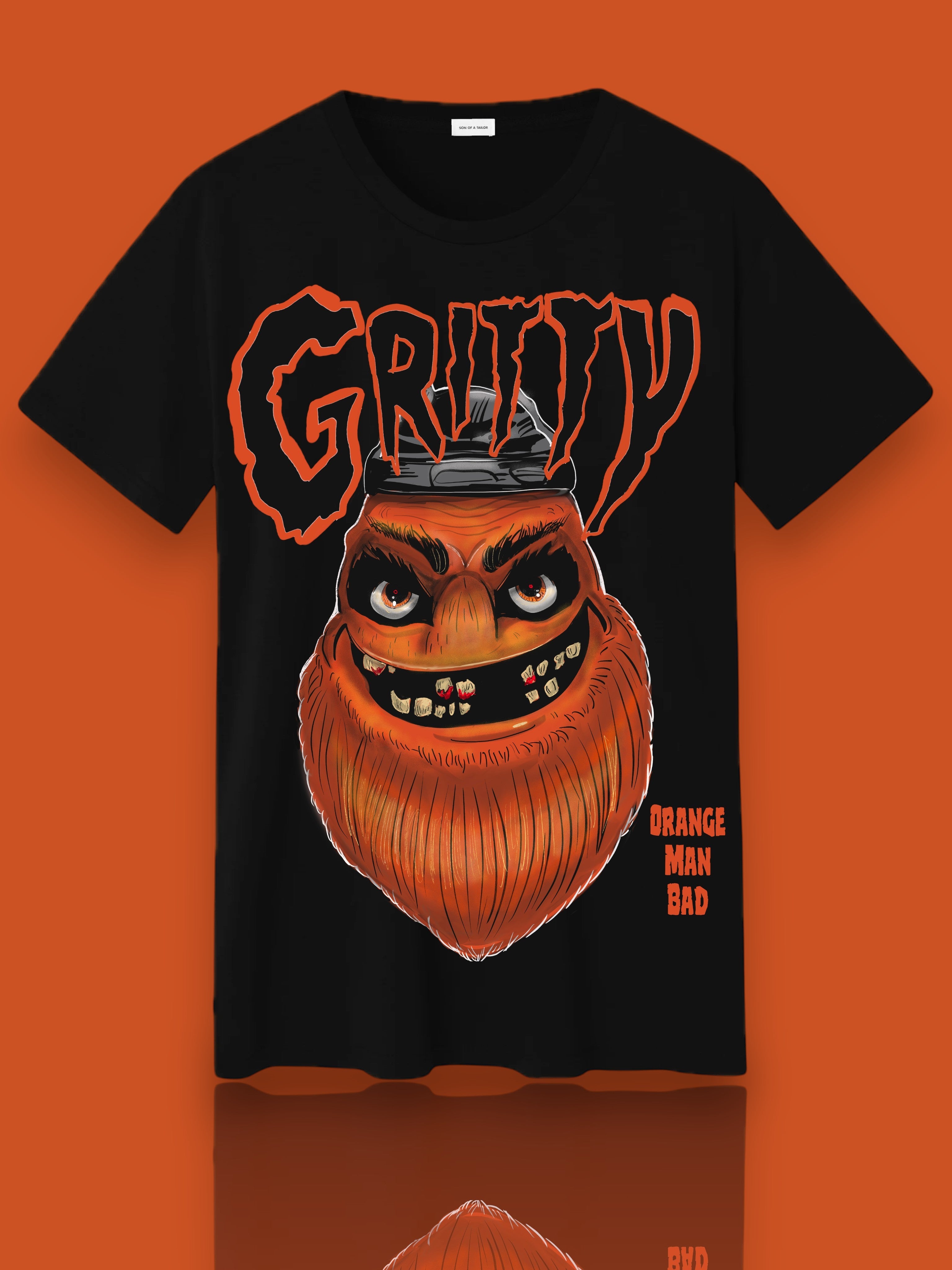 Chadsters black t-shirt with a bold orange Gritty graphic and the text "Orange Man Bad" for Flyers fans.