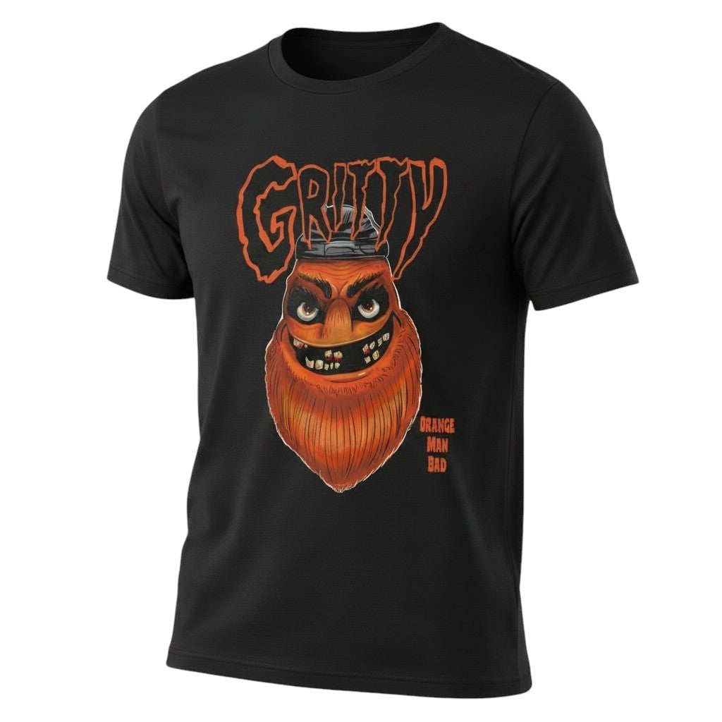 Chadsters black t-shirt with a bold orange Gritty graphic and the text "Orange Man Bad" for Flyers fans.