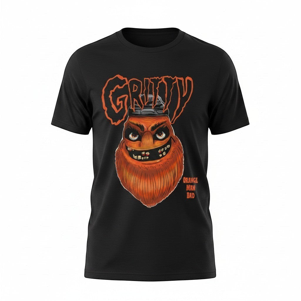 Chadsters black t-shirt with a bold orange graphic of Gritty, the Flyers mascot, with the text "Orange Man Bad".