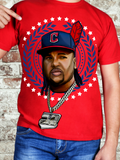 Red graphic t-shirt featuring artistic illustration of a Cleveland baseball player wearing a cap, surrounded by stars and laurel design, perfect for passionate Guardians fans