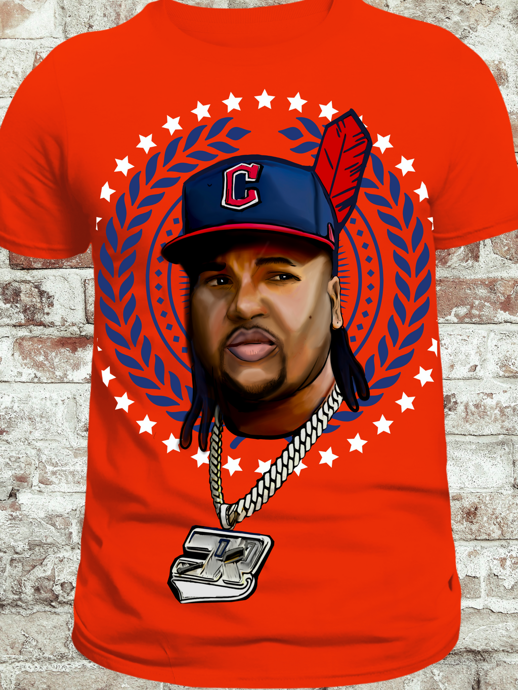 Red graphic t-shirt featuring artistic illustration of a Cleveland baseball player wearing a cap, surrounded by stars and laurel design, perfect for passionate Guardians fans