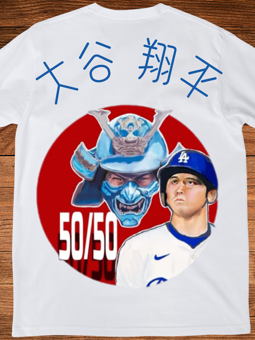 Graphic t-shirt with a split-face design featuring a blue samurai mask and a baseball player in a white and blue uniform, set against a red circle with Japanese characters above — representing dual power and cultural fusion