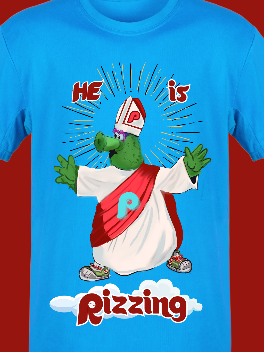 Funny blue T-shirt with cartoon green mascot dressed as pope with pizza-themed robe”