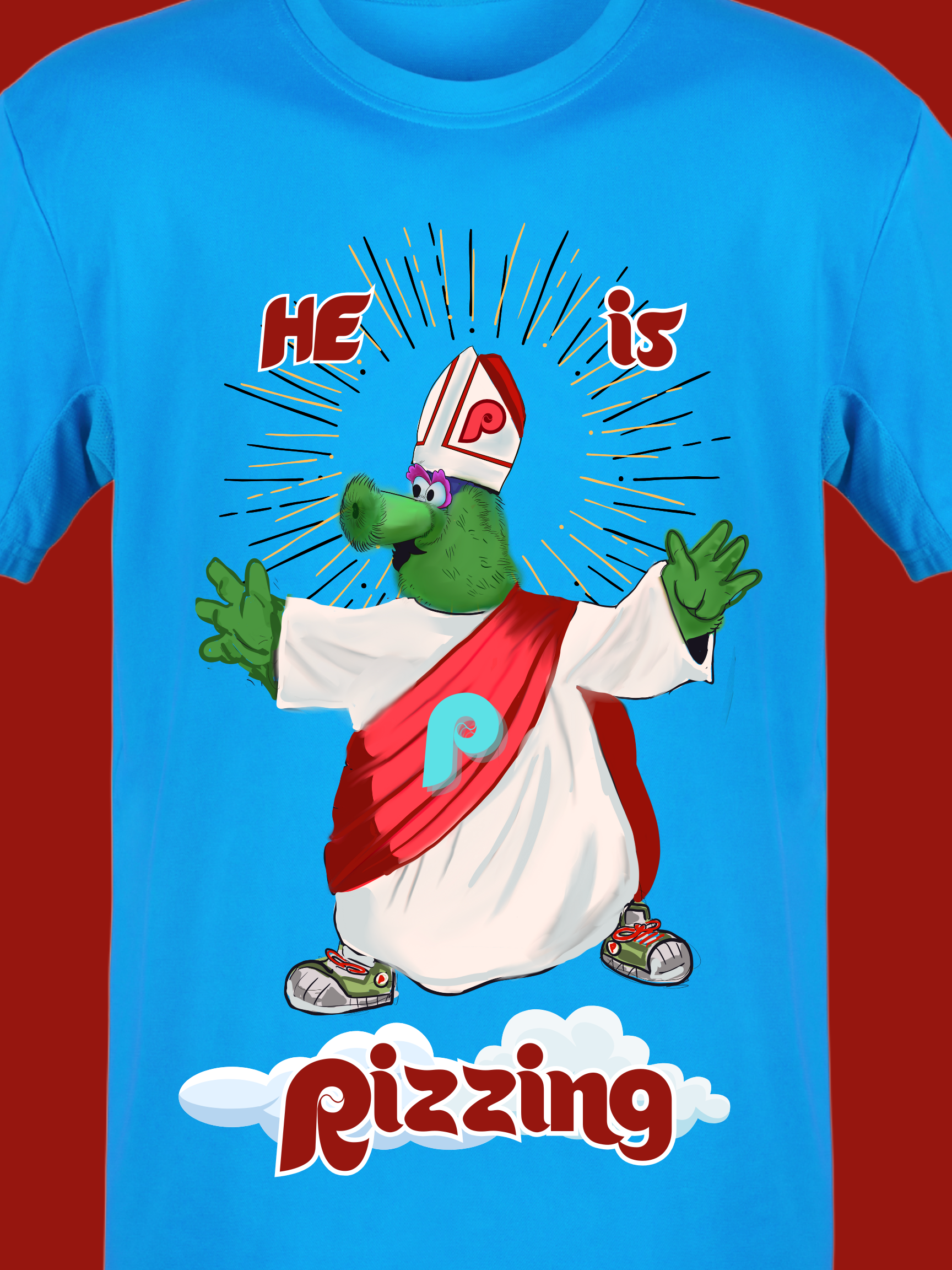 Funny blue T-shirt with cartoon green mascot dressed as pope with pizza-themed robe”