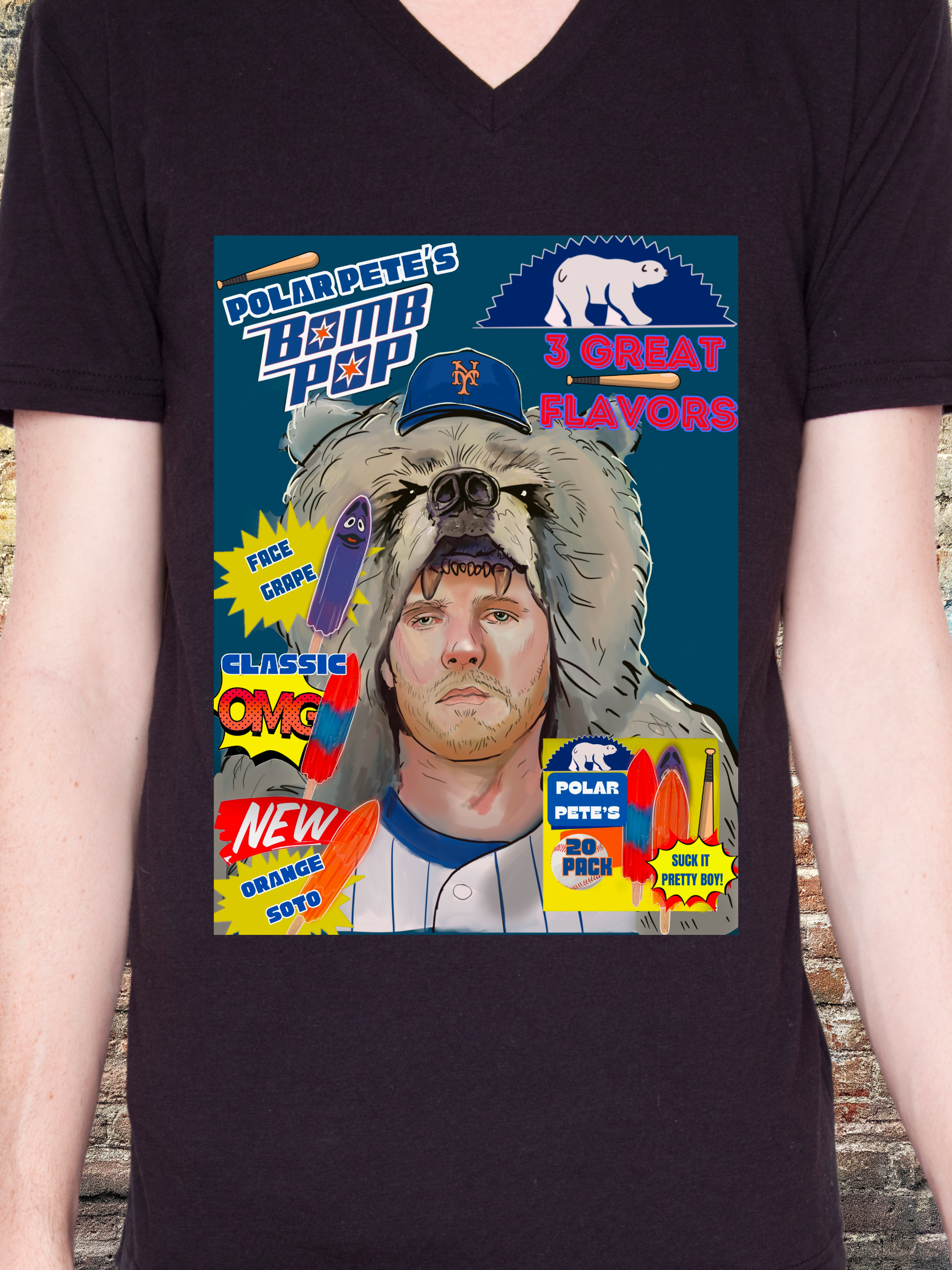 Illustrated NY baseball player in bear hood with popsicle-themed parody design, featuring bold colors and retro comic-style elements.

