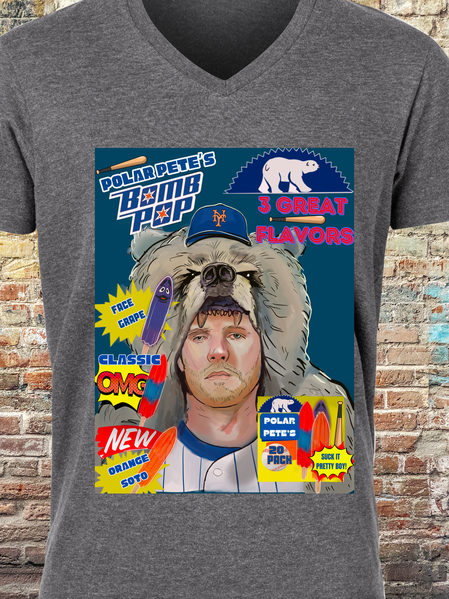 Illustrated NY baseball player in bear hood with popsicle-themed parody design, featuring bold colors and retro comic-style elements.

