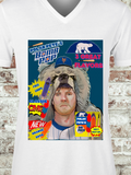 Illustrated NY baseball player in bear hood with popsicle-themed parody design, featuring bold colors and retro comic-style elements.

