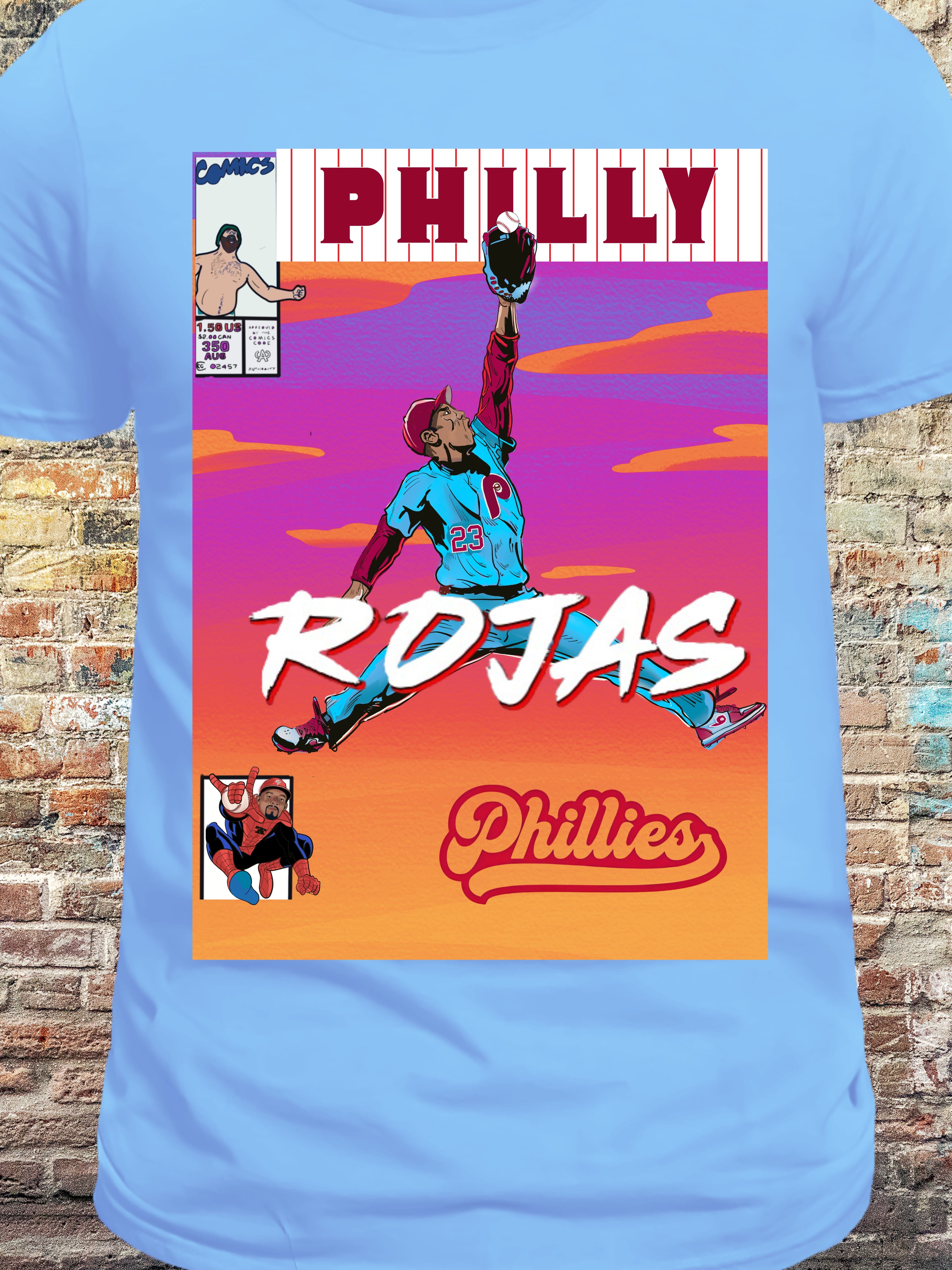 Illustration of Philly baseball player Rojas making a leaping catch in comic book style