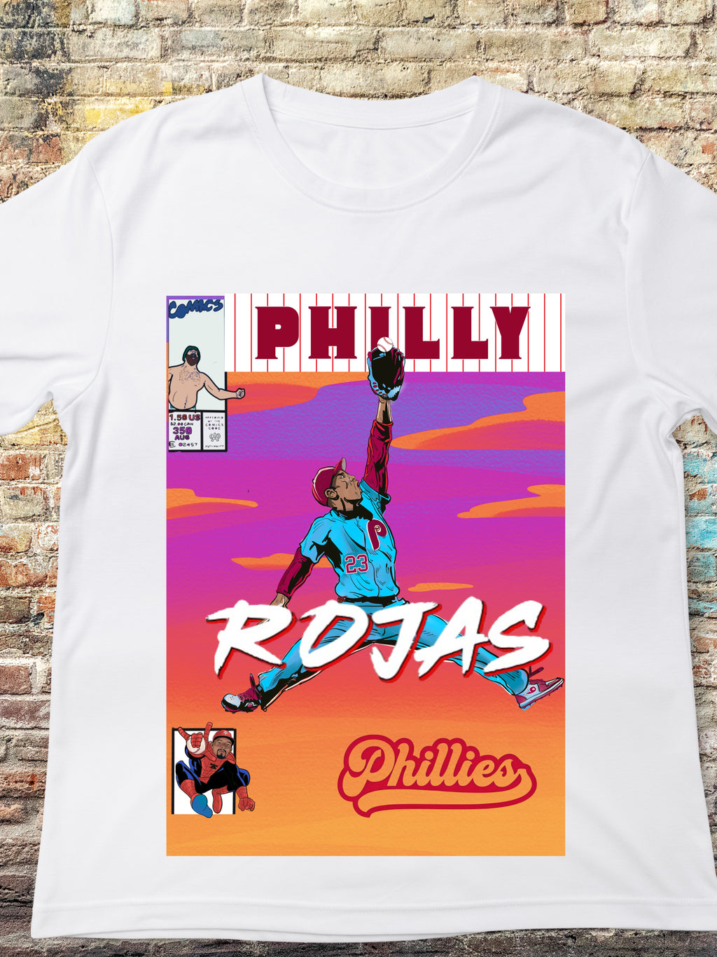 Illustration of Philly baseball player Rojas making a leaping catch in comic book style