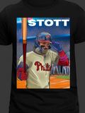llustrated Philly baseball player in vintage uniform holding bat, tipping helmet with crowd in background – fan art t-shirt design.