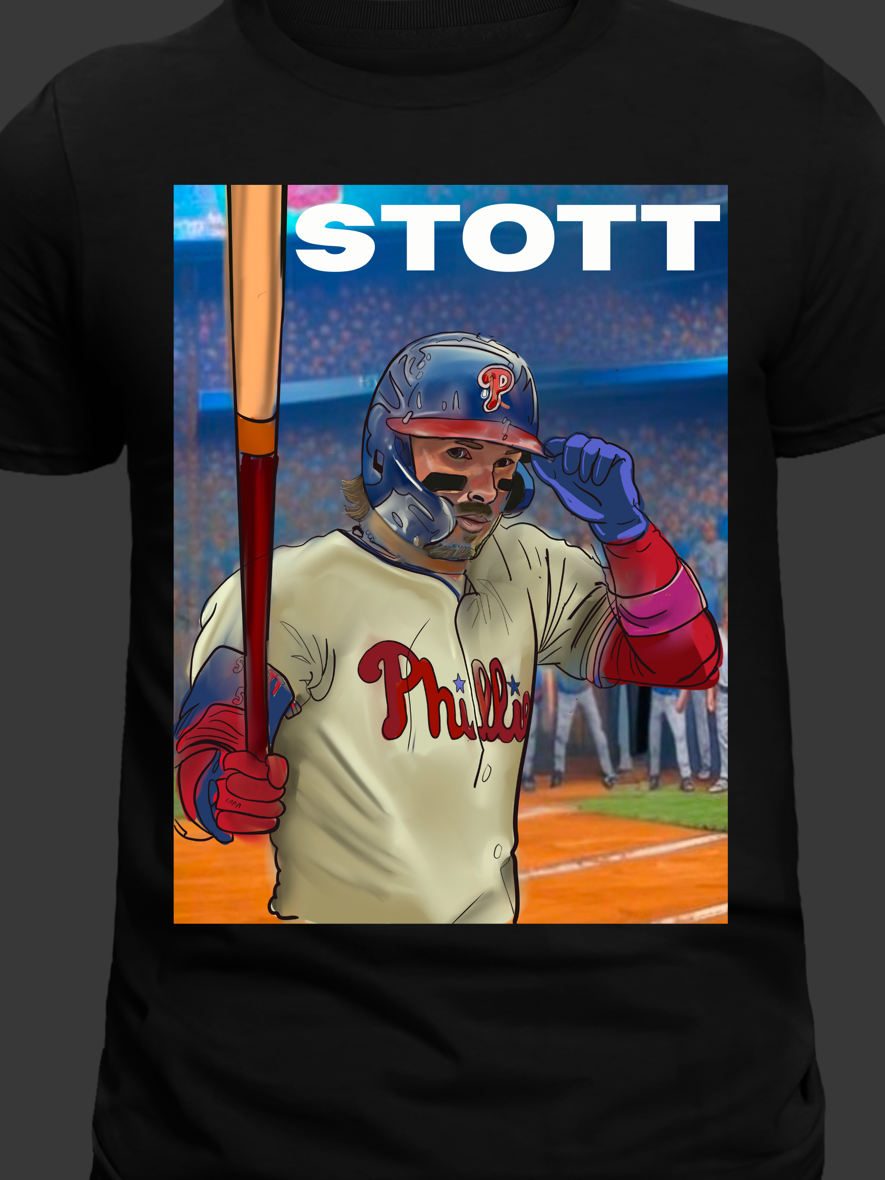 llustrated Philly baseball player in vintage uniform holding bat, tipping helmet with crowd in background – fan art t-shirt design.