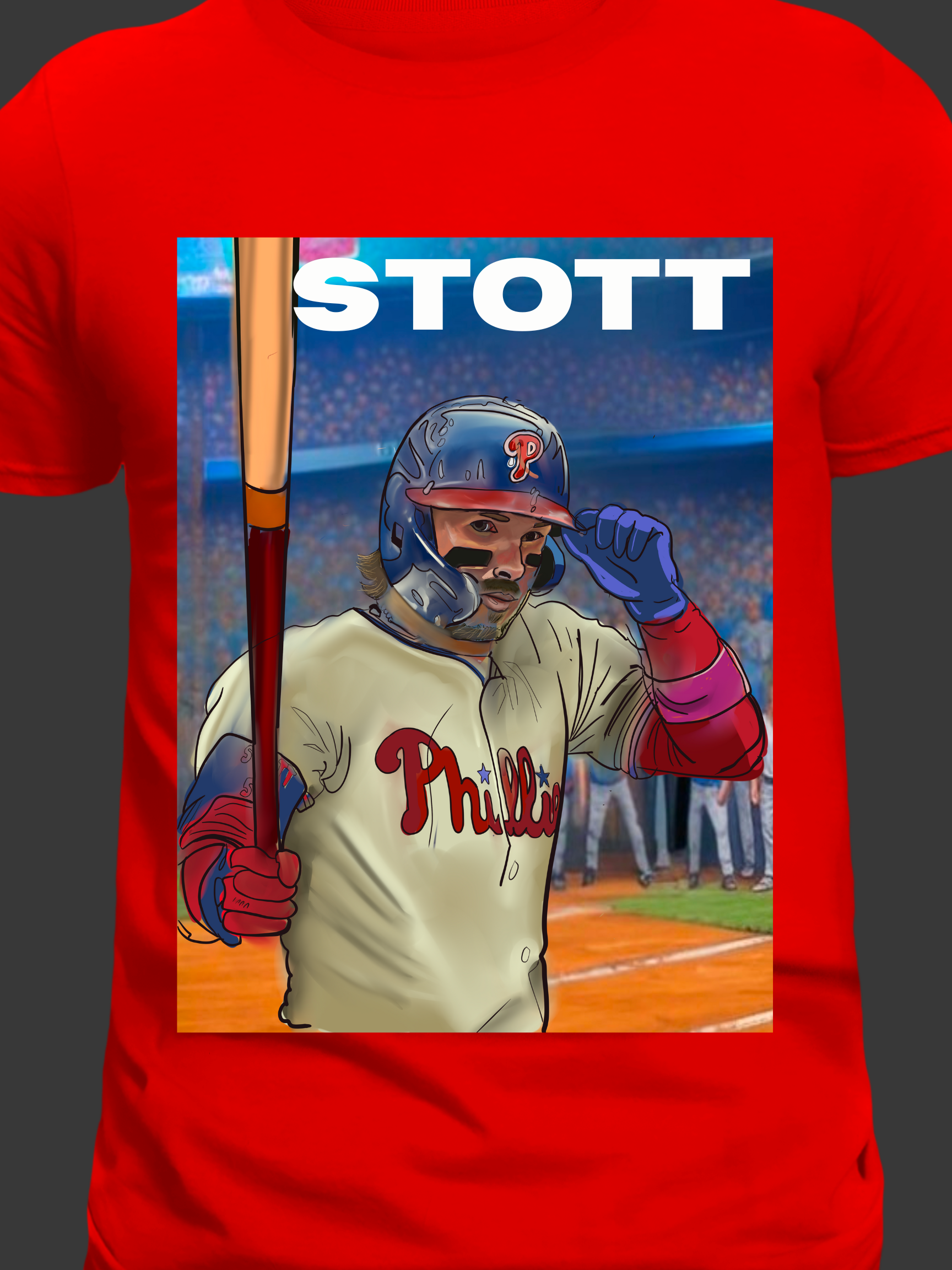 Illustrated Philly baseball player in vintage uniform holding bat, tipping helmet with crowd in background – fan art t-shirt design.

