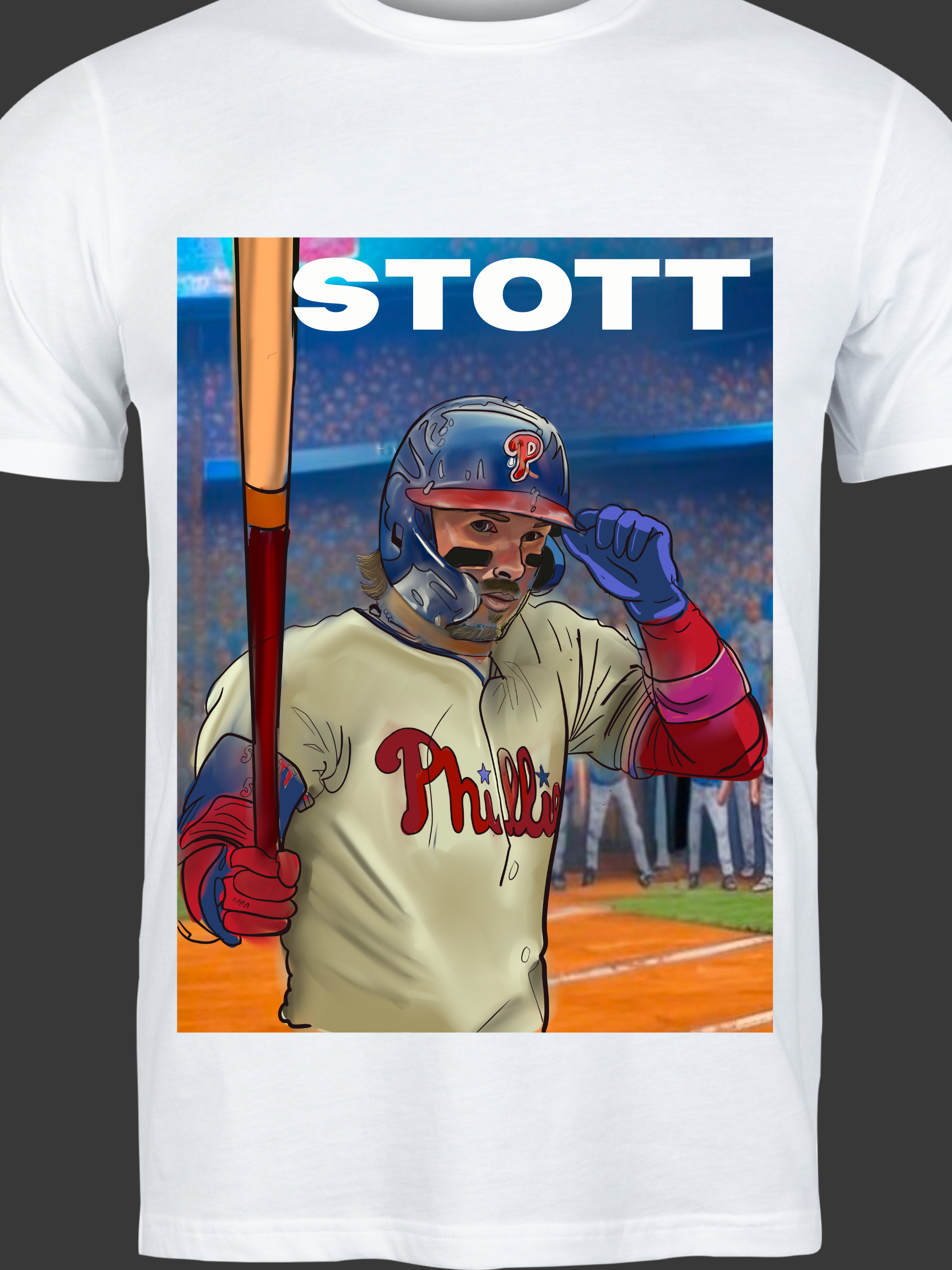 llustrated Philly baseball player in vintage uniform holding bat, tipping helmet with crowd in background – fan art t-shirt design.