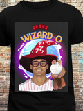 Fantasy-style Philly baseball fan art t-shirt featuring a smiling player in a wizard hat and glasses holding a baseball, with bold text 'Jesus Wizard-O' above