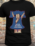 Black t-shirt with a bold graphic of a hand gesture forming a bell shape inside a Liberty Bell outline, with text that reads “Caution: Bellrocks 4 Phils Knocks