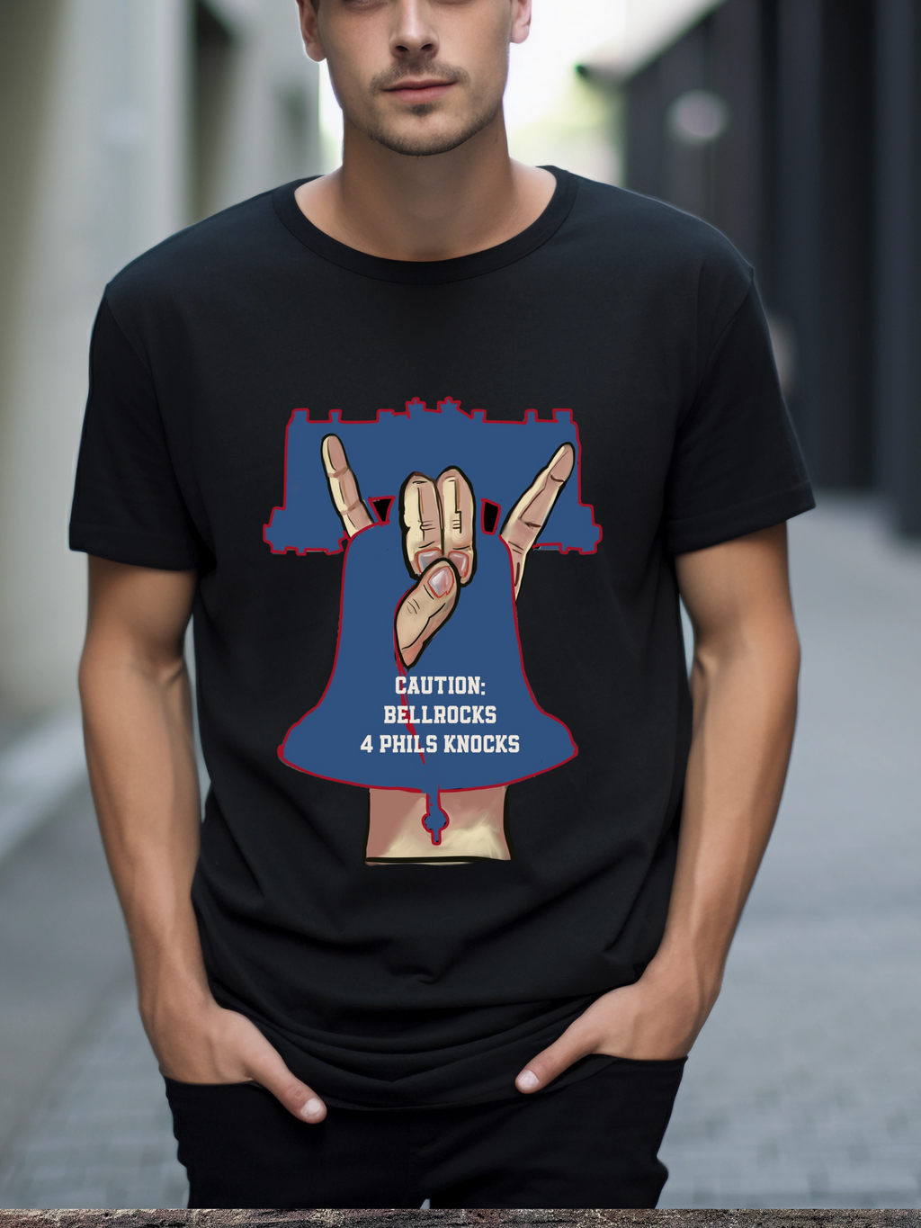 Man in black t-shirt with a bold graphic of a hand gesture forming a bell shape inside a Liberty Bell outline, with text that reads “Caution: Bellrocks 4 Phils Knocks