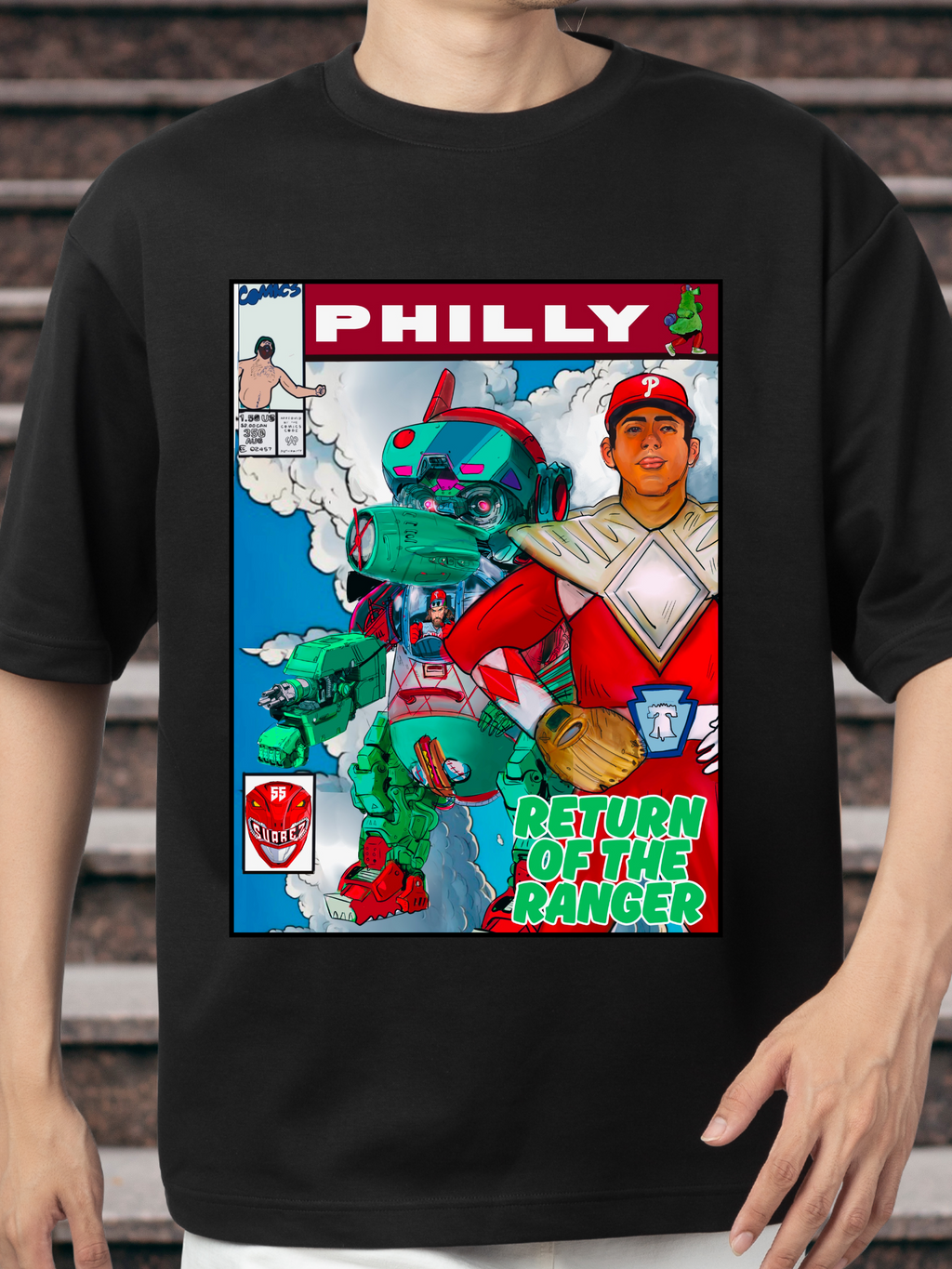 Return of the Ranger Philly Comic Shirt – Baseball Mech Parody Tee