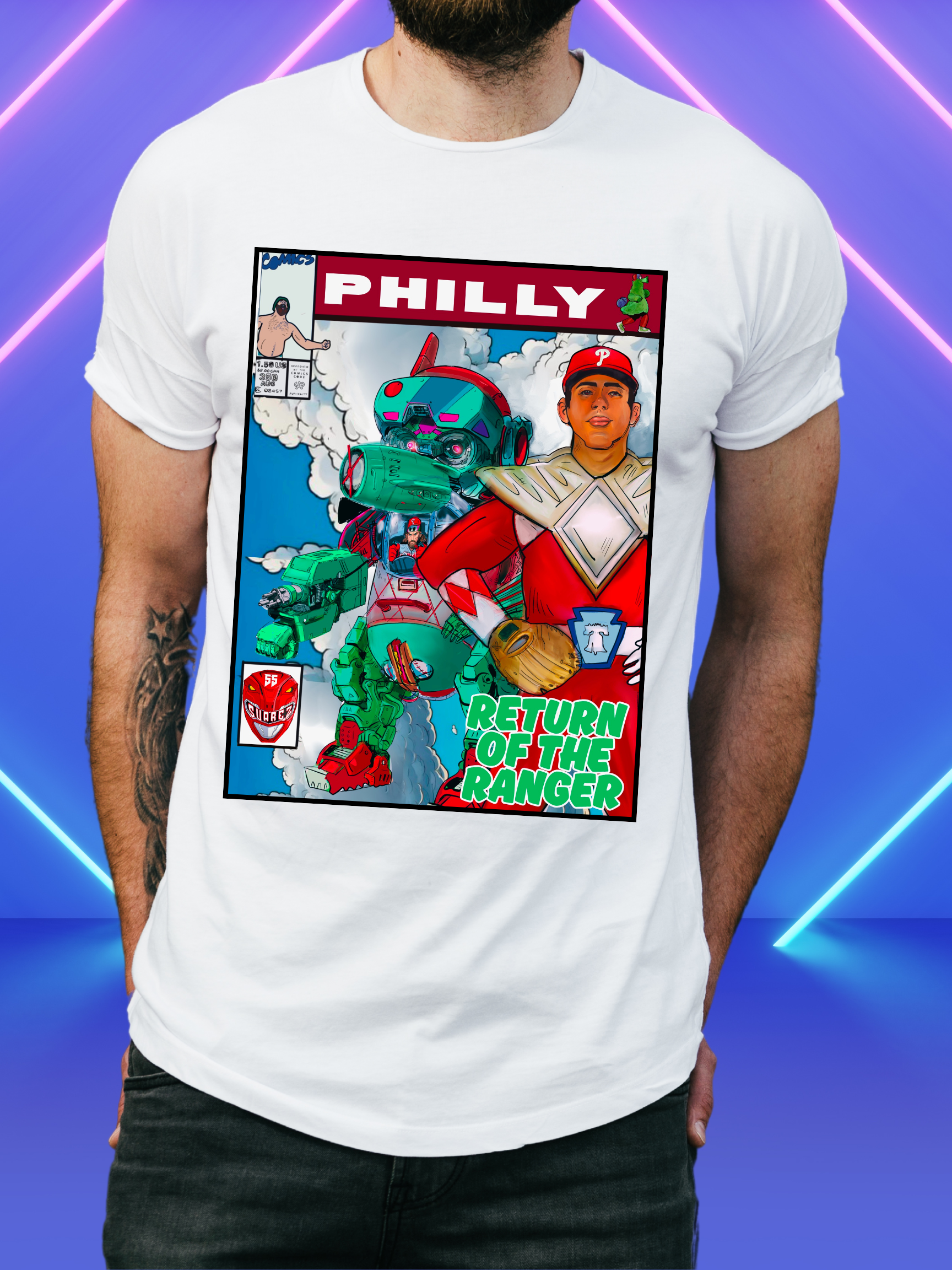 Return of the Ranger Philly Comic Shirt – Baseball Mech Parody Tee