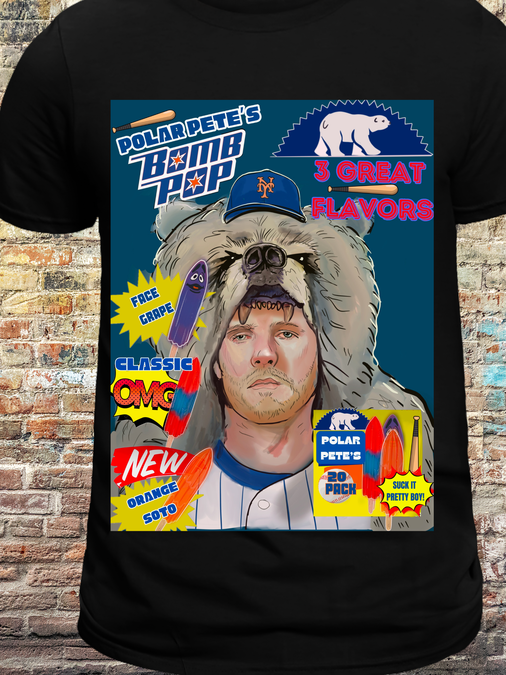 Funny Mets-themed t-shirt featuring a polar bear hat-wearing baseball player with bomb pop popsicles in three flavors: Face Grape, Classic OMG, and Orange Soto