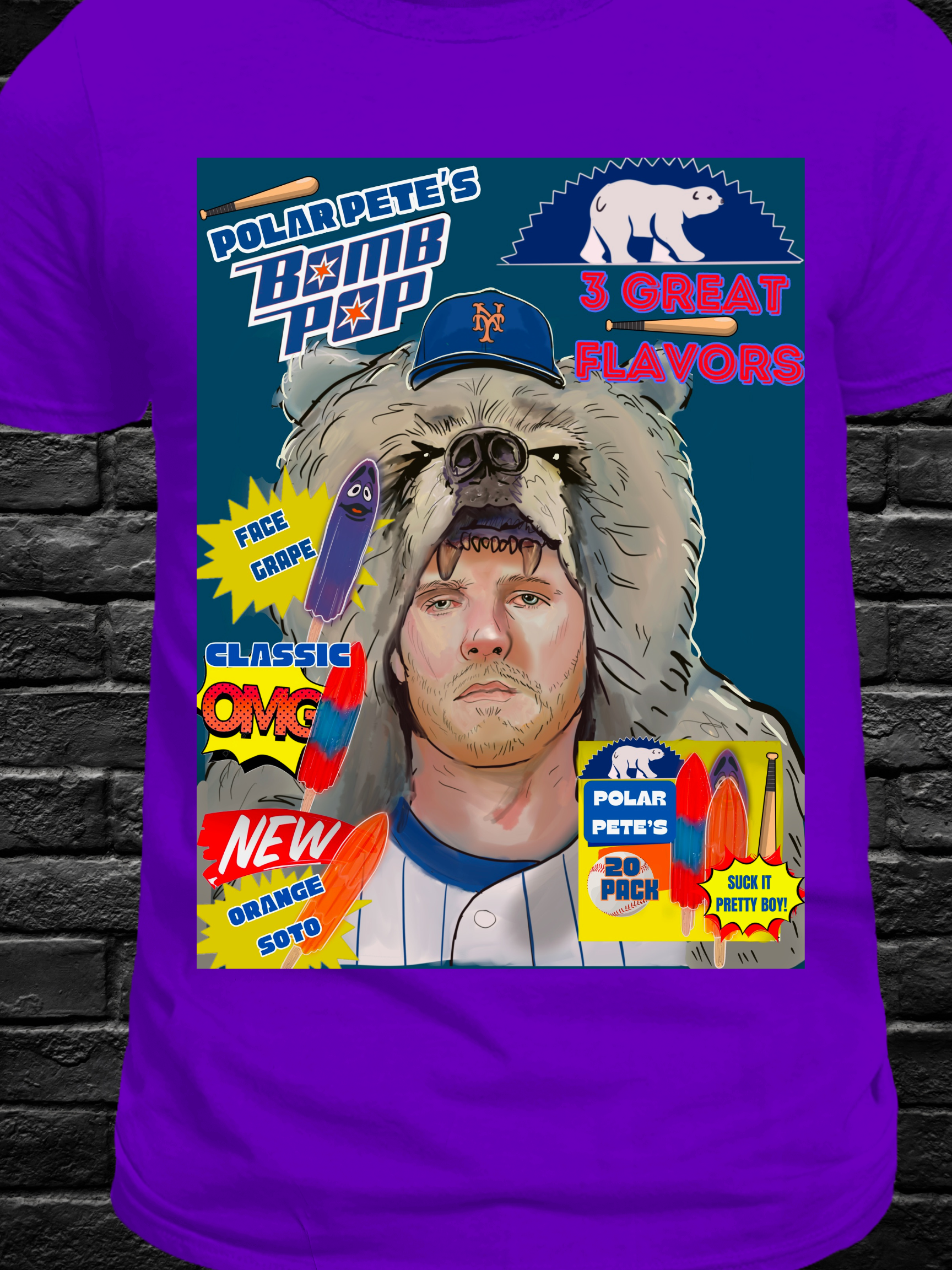Funny Mets-themed t-shirt featuring a polar bear hat-wearing baseball player with bomb pop popsicles in three flavors: Face Grape, Classic OMG, and Orange Soto