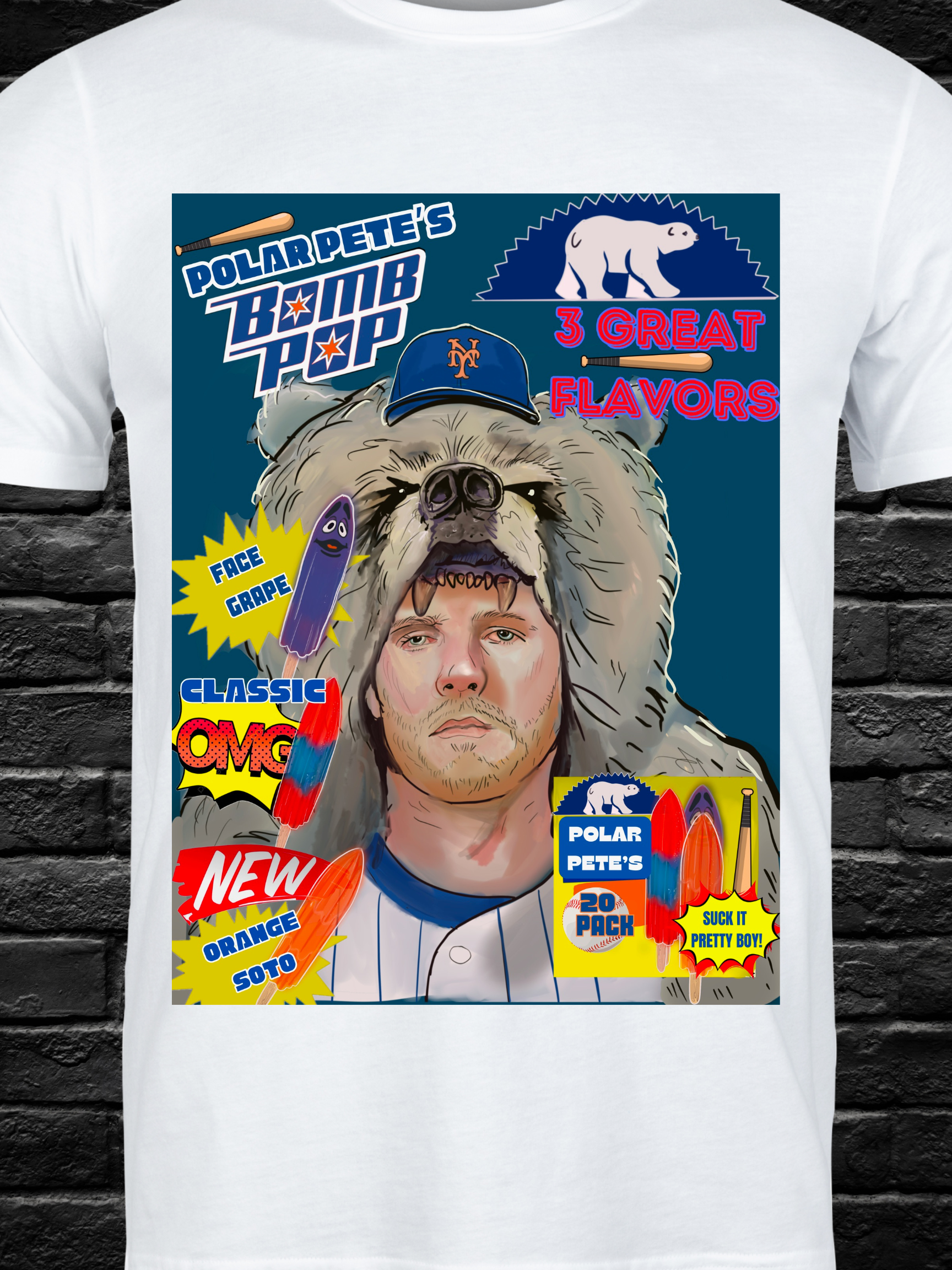 Funny Mets-themed t-shirt featuring a polar bear hat-wearing baseball player with bomb pop popsicles in three flavors: Face Grape, Classic OMG, and Orange Soto