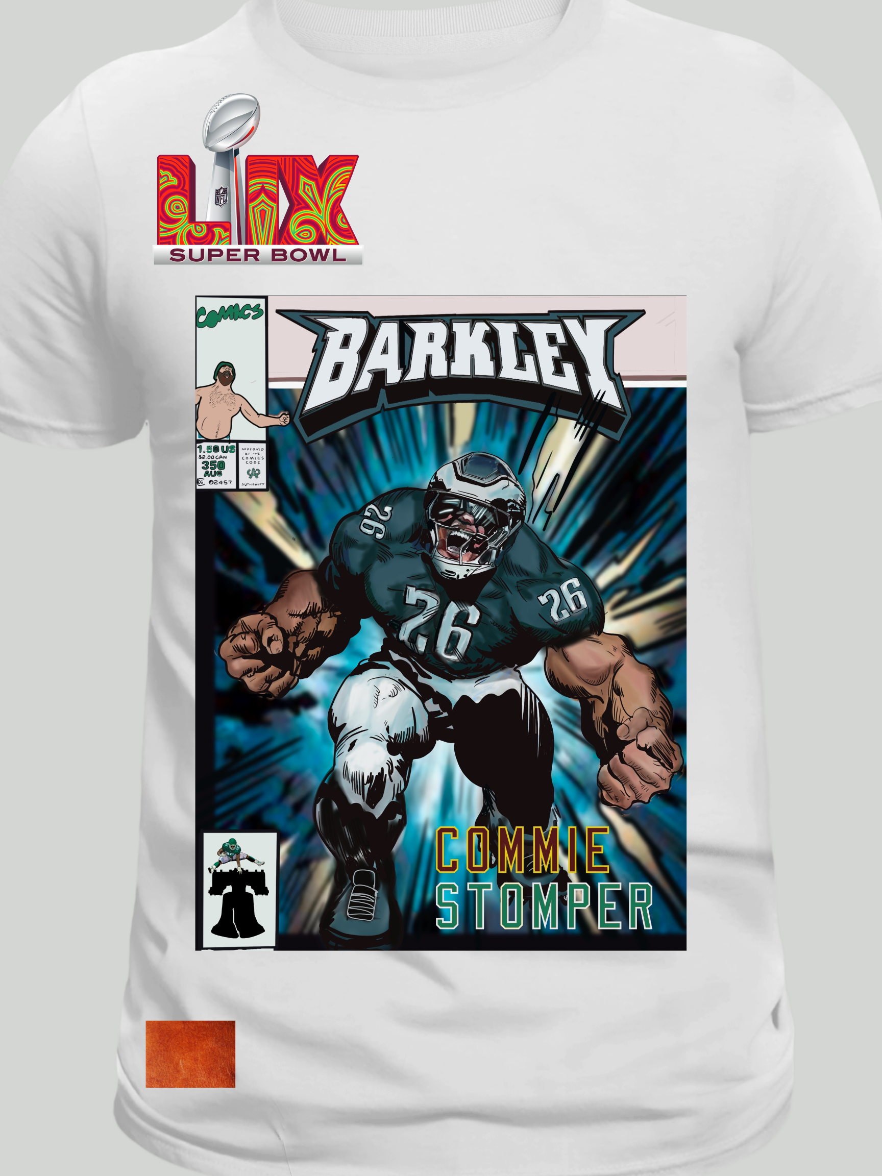 Illustrated football player in superhero comic style, charging forward with exaggerated muscles and dynamic action background – parody sports shirt design.

