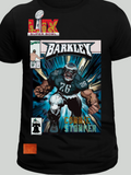 Illustrated football player in superhero comic style, charging forward with exaggerated muscles and dynamic action background – parody sports shirt design.

